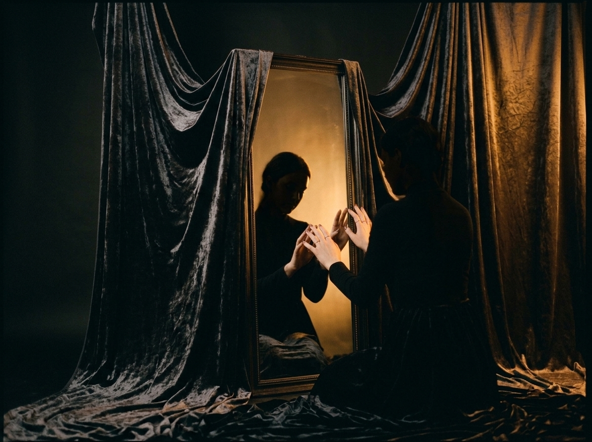 Silhouette reflected in a mirror draped with fabric